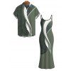 Hawaiian Vacation Couple Outfit Palm Leaf Abstract Curve Line Print Spaghetti Strap Bodycon Dress and Shirt Set - Vert Armée S | US 4