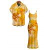 Hawaiian Vacation Couple Outfit Tie Dye Lily Floral Print Spaghetti Strap Bodycon Dress and Shirt Set - Jaune S | US 4
