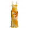 Hawaiian Vacation Couple Outfit Tie Dye Lily Floral Print Spaghetti Strap Bodycon Dress and Shirt Set - Jaune S | US 4
