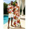 Vacation Couple Outfit Watercolor Floral Print Cinched Cropped Tank Top Tied Pocket Wide Leg Jumpsuit and Shirt Set - multicolor S | US 4