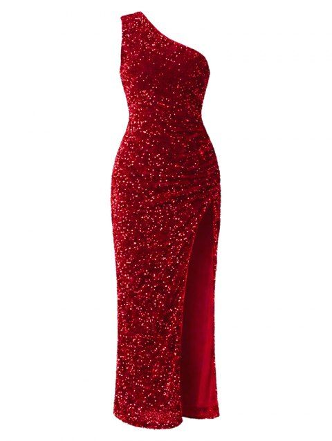 Robe de soirée longue fendue à paillettes et à une épaule