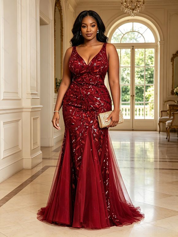 Maxi Robe de Soirée Sirène Panneau en Maille à Paillettes à Col Plongeant - Rouge foncé XL | US 10