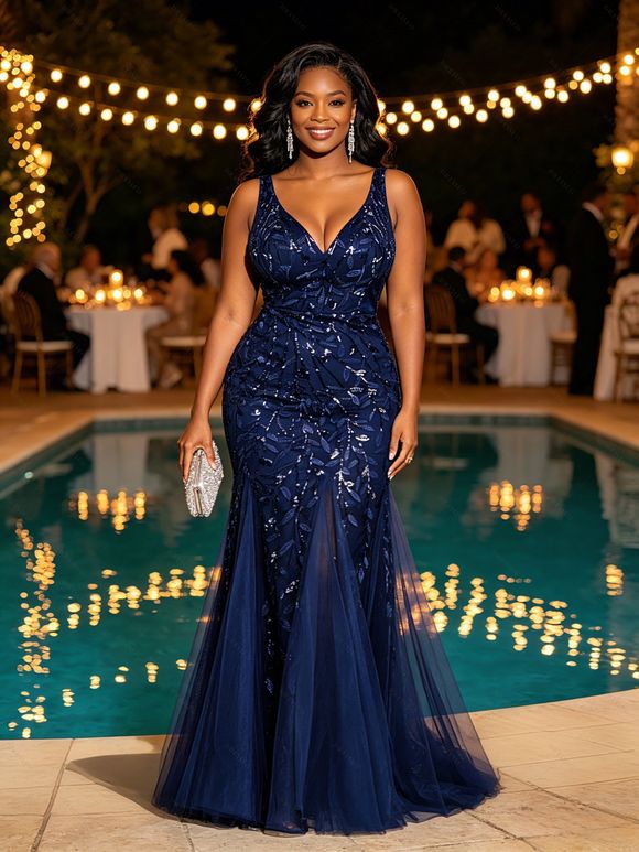 Maxi Robe de Soirée Sirène Panneau en Maille à Paillettes à Col Plongeant - Bleu profond S | US 4
