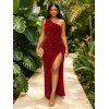 Robe de soirée longue fendue à paillettes et à une épaule - Rouge Vineux S | US 4