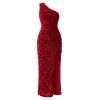Robe de soirée longue fendue à paillettes et à une épaule - Rouge Vineux XL | US 10