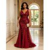 Maxi Robe de Soirée Sirène Panneau en Maille à Paillettes à Col Plongeant - Rouge foncé L | US 8
