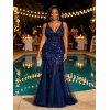 Maxi Robe de Soirée Sirène Panneau en Maille à Paillettes à Col Plongeant - Bleu profond L | US 8
