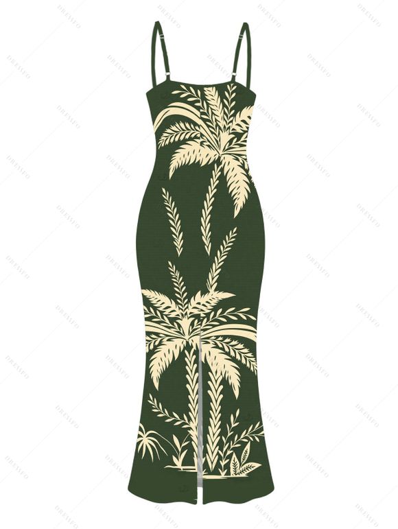 Hawaiian Vacation Dress Tropical Palm Tree Print Spaghetti Strap Maxi Bodycon Dress - Vert Armée XXL | US 14
