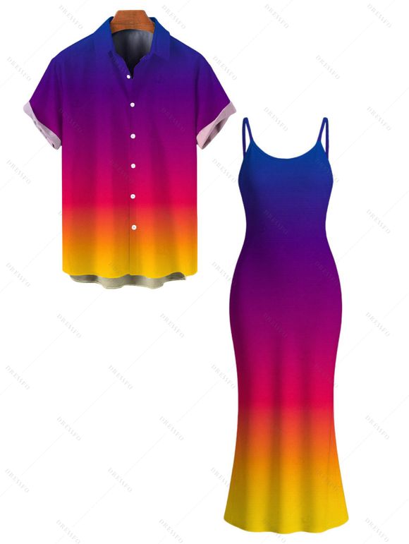 Hawaiian Vacation Couple Outfit Ombre Print Spaghetti Strap Bodycon Dress and Shirt Set - multicolor S | US 4