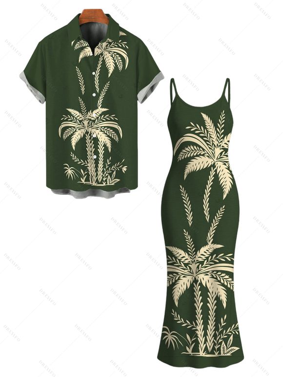 Hawaiian Vacation Couple Outfit Tropical Palm Tree Print Spaghetti Strap Bodycon Dress and Shirt Set - Vert Armée S | US 4