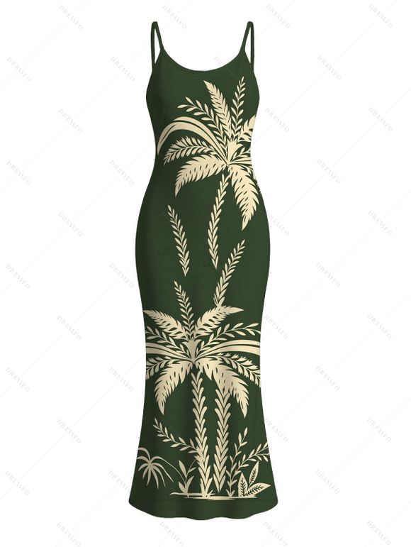 Hawaiian Vacation Couple Outfit Tropical Palm Tree Print Spaghetti Strap Bodycon Dress and Shirt Set - Vert Armée S | US 4