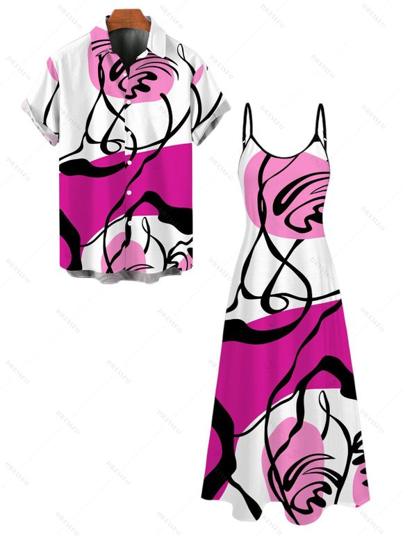 Hawaiian Vacation Couple Outfit Colorblock Abstract Line Print Pocket Spaghetti Strap Dress and Shirt Set - Rose Vif S | US 4