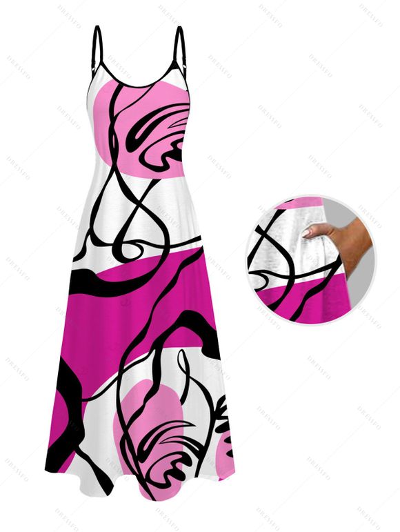 Hawaiian Vacation Couple Outfit Colorblock Abstract Line Print Pocket Spaghetti Strap Dress and Shirt Set - Rose Vif S | US 4