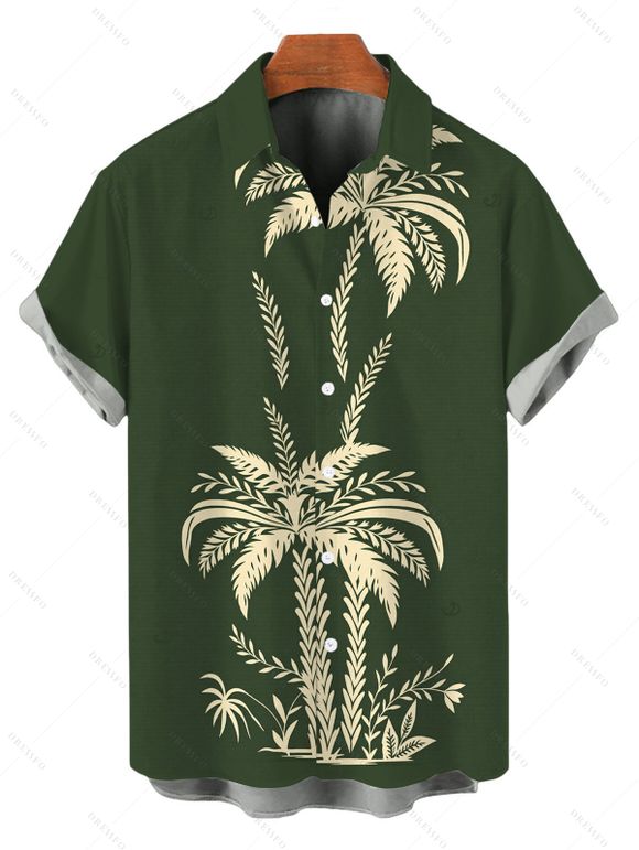 Hawaiian Vacation Couple Outfit Tropical Palm Tree Print Spaghetti Strap Bodycon Dress and Shirt Set - Vert Armée S | US 4
