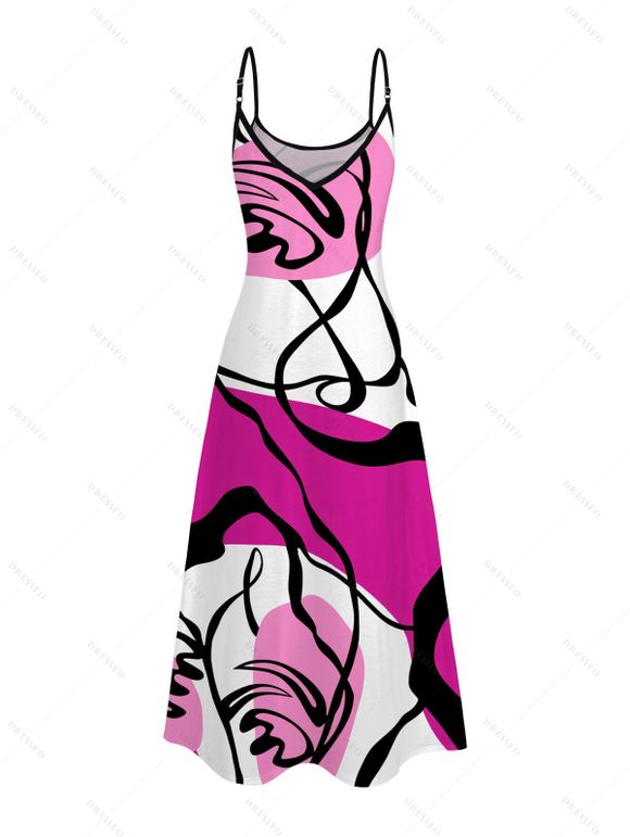 Hawaiian Vacation Couple Outfit Colorblock Abstract Line Print Pocket Spaghetti Strap Dress and Shirt Set - Rose Vif S | US 4