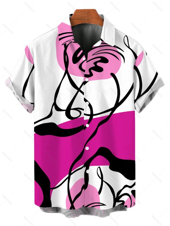 Hawaiian Vacation Couple Outfit Colorblock Abstract Line Print Pocket Spaghetti Strap Dress and Shirt Set - Rose Vif S | US 4