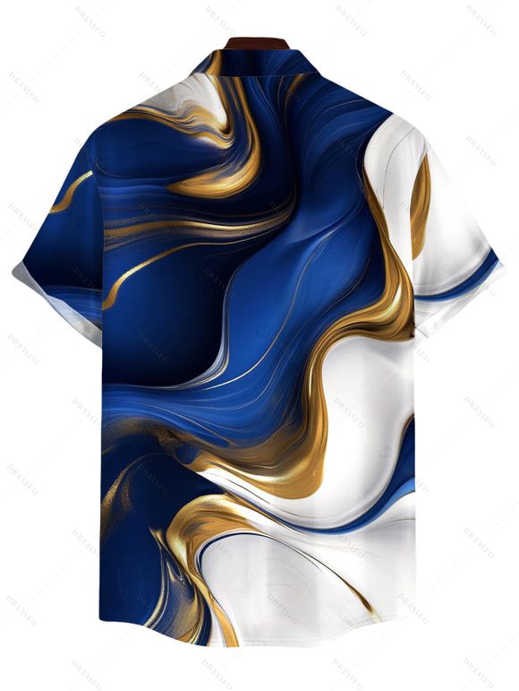 Men's Vacation Shirt Gold Fluid Abstract Marble Print Button Up Shirt - Bleu Marine 5XL