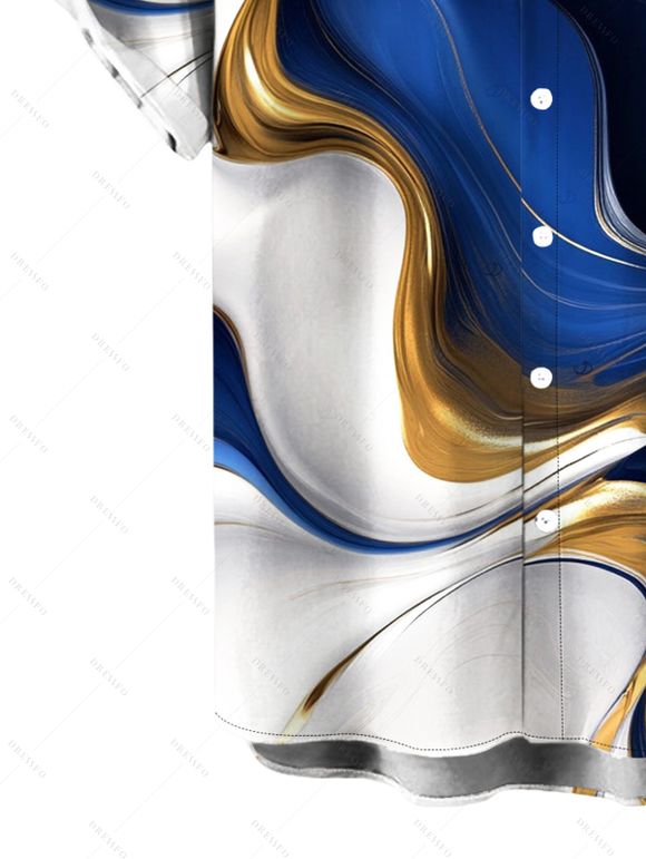 Men's Vacation Shirt Gold Fluid Abstract Marble Print Button Up Shirt - Bleu Marine 5XL