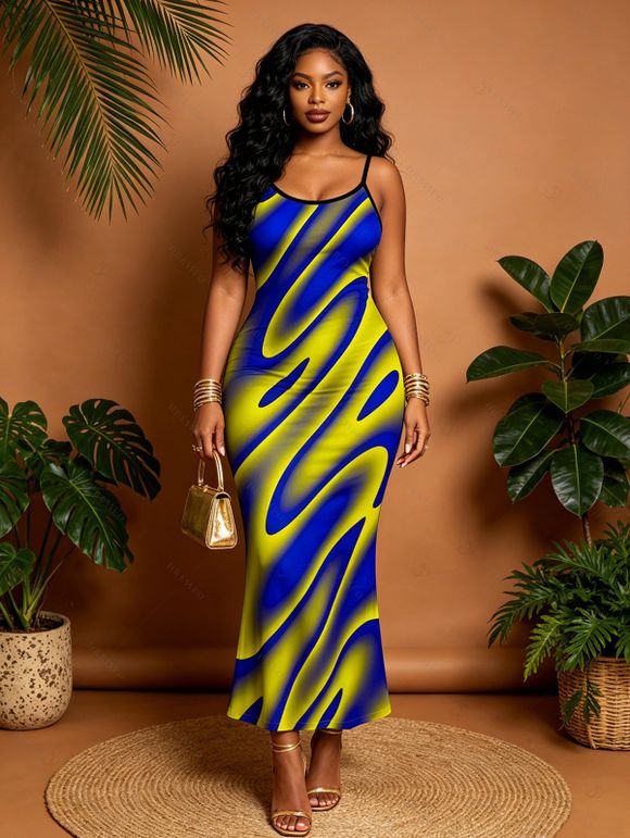 Vacation Dress Clorblock Abstract Fluid Swirl Print Spaghetti Strap Bodycon Maxi Dress - multicolor A XXL | US 14