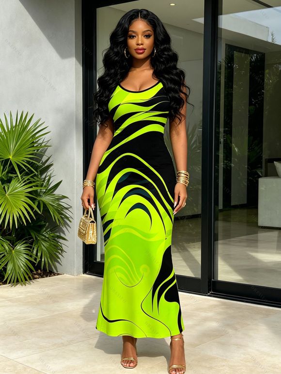 Vacation Dress Neon Contrast Color Liquid Flow Wave Print Spaghetti Strap Bodycon Maxi Dress - Vert Jaune XXL | US 14