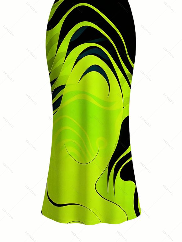 Vacation Dress Neon Contrast Color Liquid Flow Wave Print Spaghetti Strap Bodycon Maxi Dress - Vert Jaune XXL | US 14