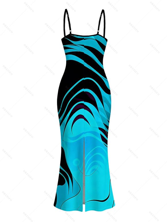Vacation Dress Neon Contrast Color Liquid Flow Wave Print Spaghetti Strap Bodycon Maxi Dress - Bleu Toile de Jean XXL | US 14