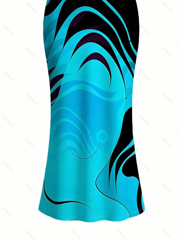 Vacation Dress Neon Contrast Color Liquid Flow Wave Print Spaghetti Strap Bodycon Maxi Dress - Bleu Toile de Jean XXL | US 14