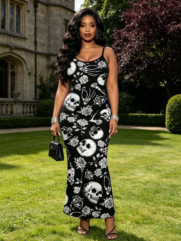 Gothic Dress Skulls Skeleton Rose Print Spaghetti Strap Maxi Bodycon Dress - Noir XXL | US 14