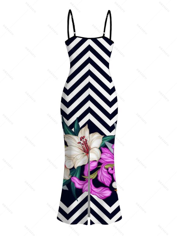 Vacation Dress Zig Zag Lily Floral Print Spaghetti Strap Maxi Bodycon Dress - multicolor A XXL | US 14