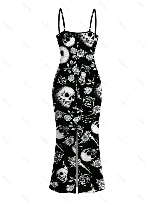 Gothic Dress Skulls Skeleton Rose Print Spaghetti Strap Maxi Bodycon Dress - Noir XXL | US 14