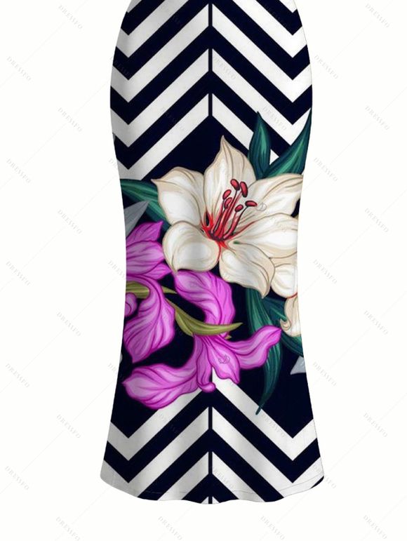 Vacation Dress Zig Zag Lily Floral Print Spaghetti Strap Maxi Bodycon Dress - multicolor A XXL | US 14