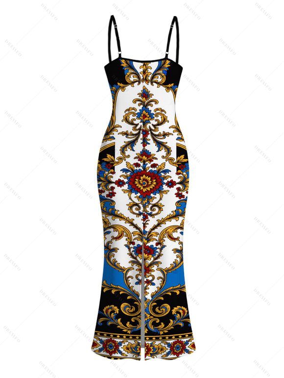 Vacation Dress Vintage Baroque Floral Print Spaghetti Strap Maxi Bodycon Dress - multicolor A XXL | US 14