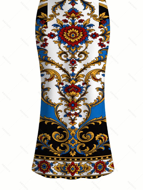 Vacation Dress Vintage Baroque Floral Print Spaghetti Strap Maxi Bodycon Dress - multicolor A XXL | US 14