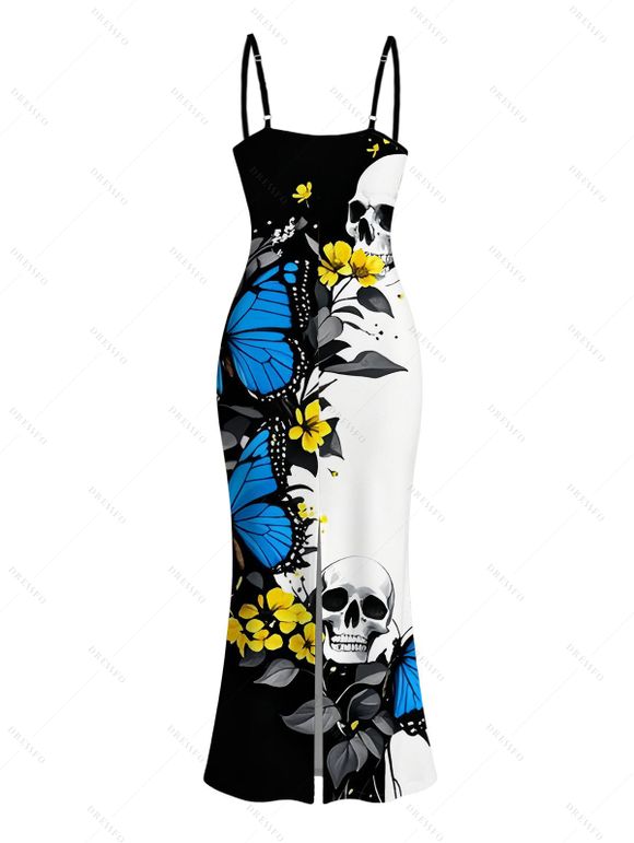 Vacation Gothic Dress Skulls Butterfly Pattern Spaghetti Strap Bodycon Maxi Dress - Bleu XXL | US 14