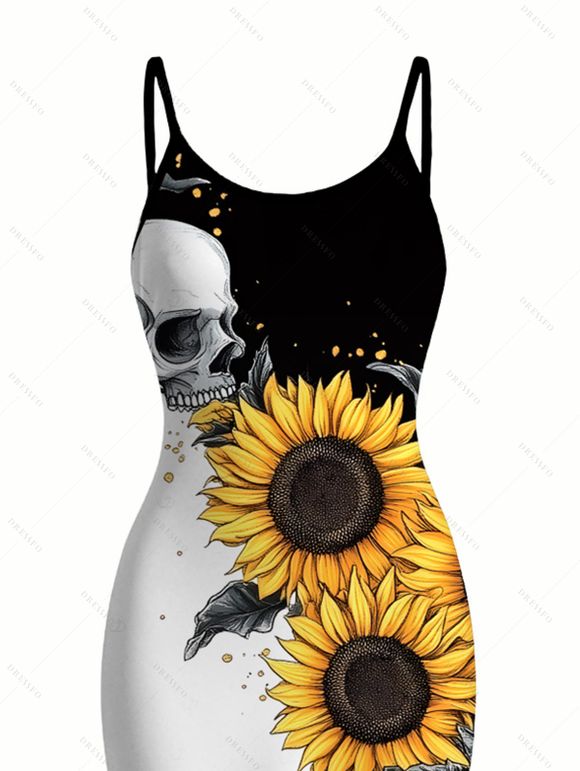 Vacation Gothic Dress Contrast Color Sunflower Skulls Pattern Spaghetti Strap Bodycon Maxi Dress - Noir XXL | US 14