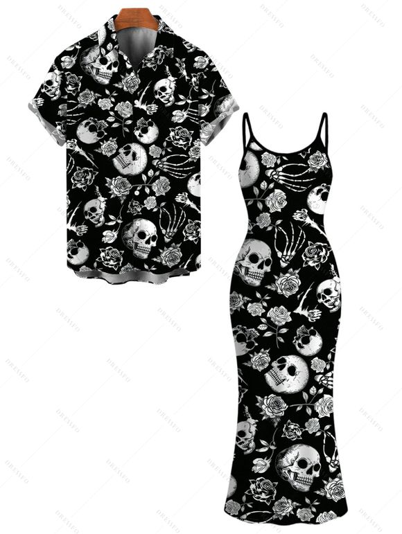 Gothic Couple Outfit Skulls Skeleton Rose Print Spaghetti Strap Maxi Bodycon Dress and Shirt Set - Noir S | US 4