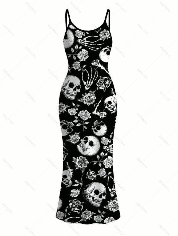 Gothic Couple Outfit Skulls Skeleton Rose Print Spaghetti Strap Maxi Bodycon Dress and Shirt Set - Noir S | US 4
