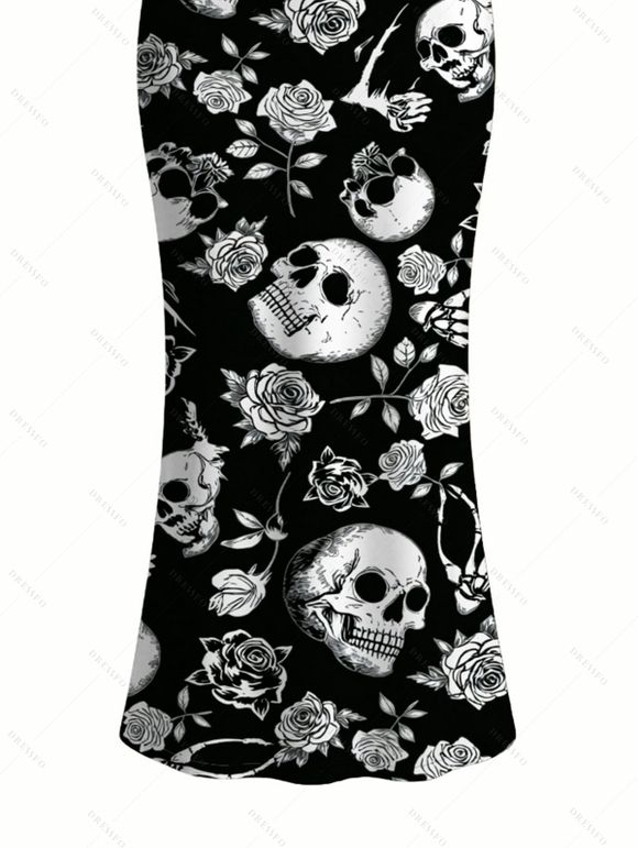 Gothic Couple Outfit Skulls Skeleton Rose Print Spaghetti Strap Maxi Bodycon Dress and Shirt Set - Noir S | US 4