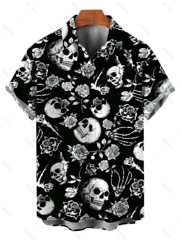 Gothic Couple Outfit Skulls Skeleton Rose Print Spaghetti Strap Maxi Bodycon Dress and Shirt Set - Noir S | US 4