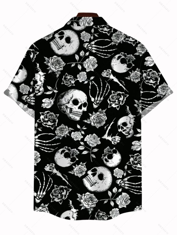 Gothic Couple Outfit Skulls Skeleton Rose Print Spaghetti Strap Maxi Bodycon Dress and Shirt Set - Noir S | US 4