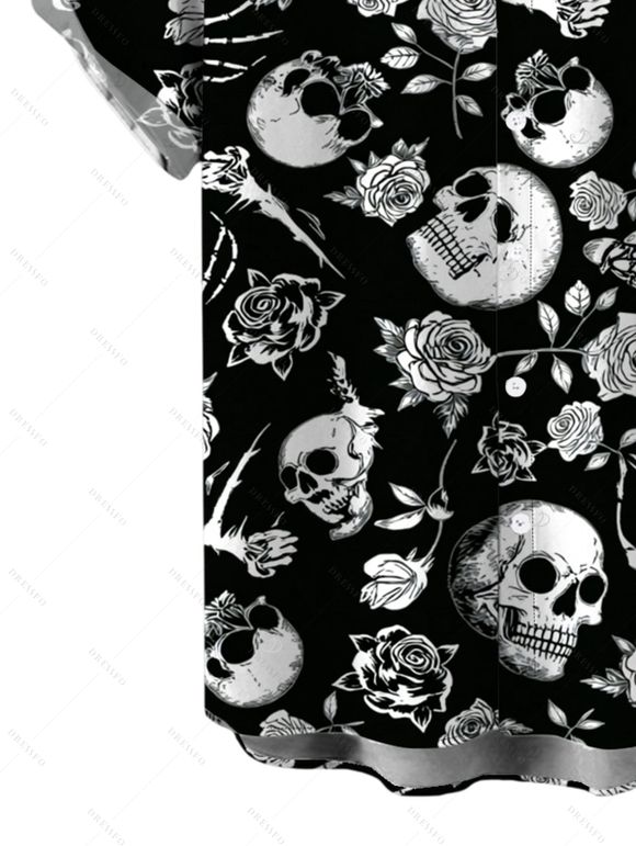 Gothic Couple Outfit Skulls Skeleton Rose Print Spaghetti Strap Maxi Bodycon Dress and Shirt Set - Noir S | US 4