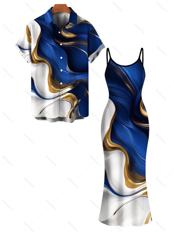Vacation Couple Outfit Gold Fluid Abstract Marble Print Spaghetti Strap Maxi Bodycon Dress and Shirt Set - Bleu Marine S | US 4