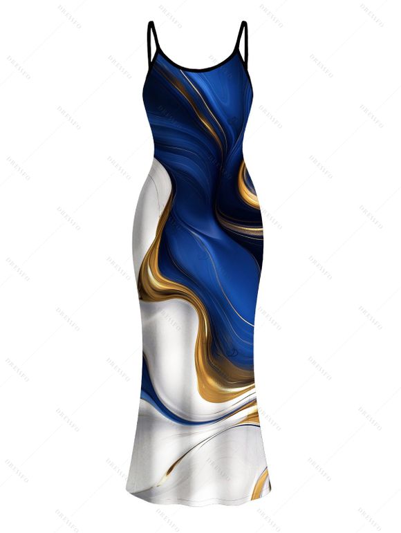 Vacation Couple Outfit Gold Fluid Abstract Marble Print Spaghetti Strap Maxi Bodycon Dress and Shirt Set - Bleu Marine S | US 4