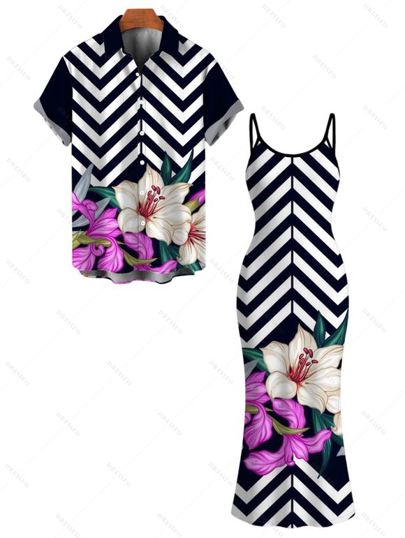 Vacation Couple Outfit Zig Zag Lily Floral Print Spaghetti Strap Maxi Bodycon Dress and Shirt Set - multicolor A S | US 4