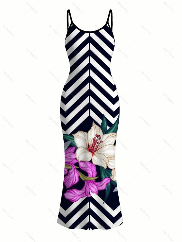 Vacation Couple Outfit Zig Zag Lily Floral Print Spaghetti Strap Maxi Bodycon Dress and Shirt Set - multicolor A S | US 4