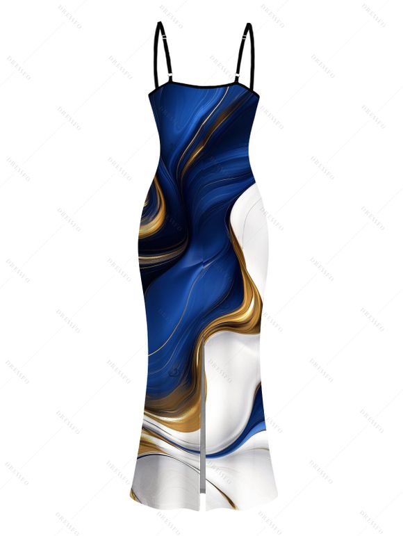 Vacation Couple Outfit Gold Fluid Abstract Marble Print Spaghetti Strap Maxi Bodycon Dress and Shirt Set - Bleu Marine S | US 4
