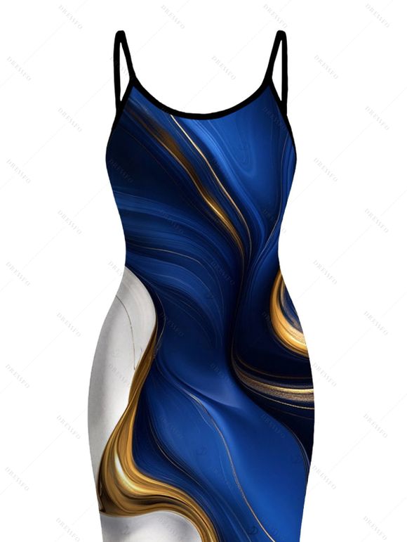 Vacation Couple Outfit Gold Fluid Abstract Marble Print Spaghetti Strap Maxi Bodycon Dress and Shirt Set - Bleu Marine S | US 4