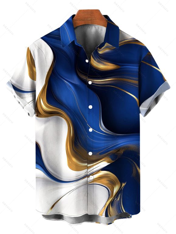 Vacation Couple Outfit Gold Fluid Abstract Marble Print Spaghetti Strap Maxi Bodycon Dress and Shirt Set - Bleu Marine S | US 4