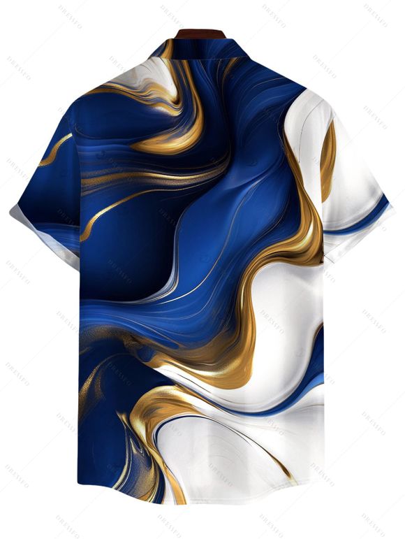 Vacation Couple Outfit Gold Fluid Abstract Marble Print Spaghetti Strap Maxi Bodycon Dress and Shirt Set - Bleu Marine S | US 4
