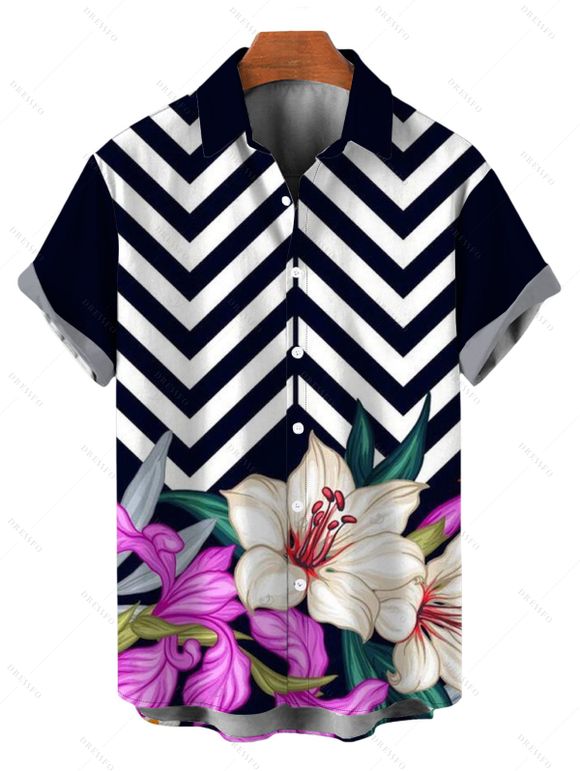 Vacation Couple Outfit Zig Zag Lily Floral Print Spaghetti Strap Maxi Bodycon Dress and Shirt Set - multicolor A S | US 4